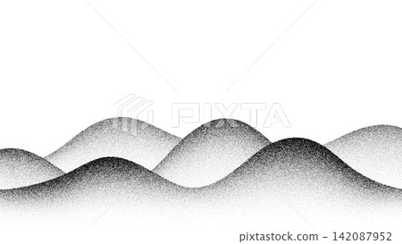 Mountains dot noise landscape, noisy grain texture background. Abstract sand stipple waves and gradation halftone landscape. Black and white terrain, grunge grainy hills or sea, desert pointillism Mountains dot noise landscape, noisy grain texture background. Abstract sand stipple waves and gradation halftone landscape. Black and white terrain, grunge grainy hills or sea, desert pointillism 142087952