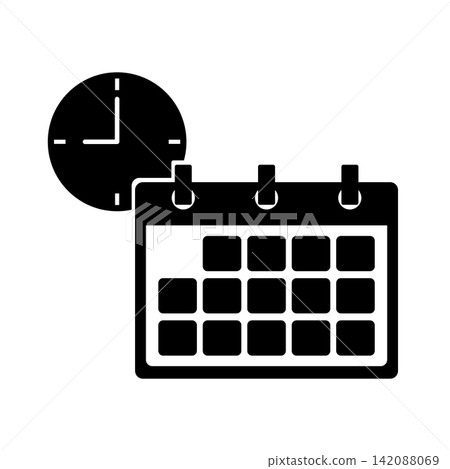 Simple monochrome silhouette icons of a clock and calendar. Simple monochrome silhouette icons of a clock and calendar. 142088069