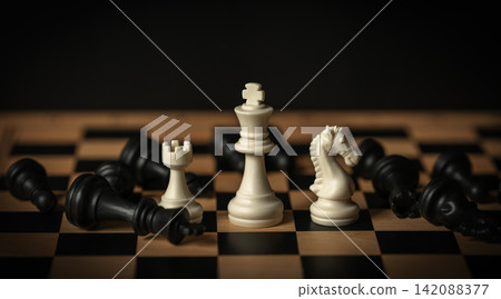 white chess (king, knight, rook) surrounded by fallen black pieces on wooden board white chess (king, knight, rook) surrounded by fallen black pieces on wooden board 142088377