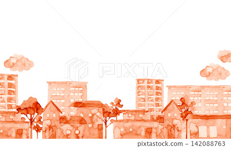 城市景觀，紅色背景，風景，水彩插圖 142088763