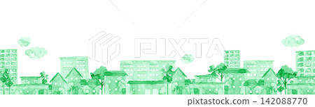 城市景觀,綠色背景,風景,橫向,水彩插圖 城市景觀,綠色背景,風景,橫向,水彩插圖 142088770