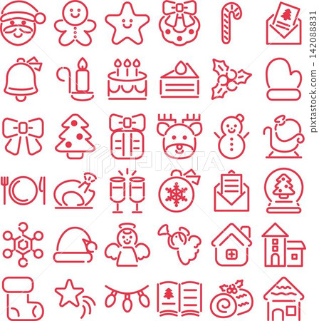 Christmas icons, pictograms, decorations, cute line art, illustrations, design materials, set. Christmas icons, pictograms, decorations, cute line art, illustrations, design materials, set. 142088831