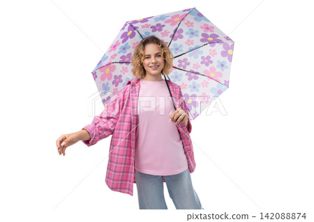 Person with a bright umbrella on a sunny day, isolated on white, PNG 142088874