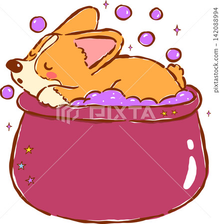Cute Halloween Corgi in Bubble Cauldron Costume Hand Drawn Whimsical Illustration Cute Halloween Corgi in Bubble Cauldron Costume Hand Drawn Whimsical Illustration 142088994