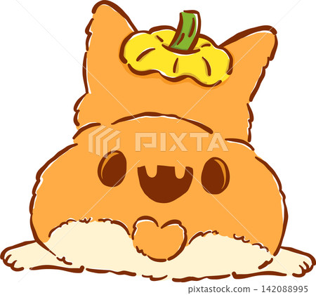 Cute Halloween Corgi Sploot with Pumpkin Hat Hand Drawn Whimsical Illustration Cute Halloween Corgi Sploot with Pumpkin Hat Hand Drawn Whimsical Illustration 142088995