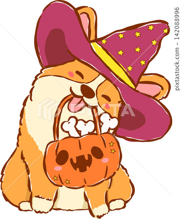 Cute Halloween Corgi Witch with Trick or Treat Basket Hand Drawn Whimsical Illustration Cute Halloween Corgi Witch with Trick or Treat Basket Hand Drawn Whimsical Illustration 142088996
