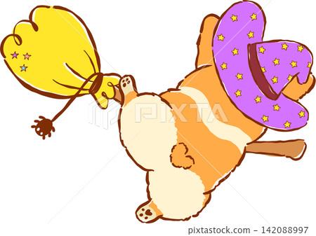 Funny Halloween Corgi  Witch Flying on a Broomstick Hand Drawn Whimsical Illustration 142088997