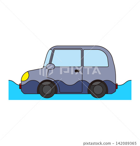 A gray passenger car submerged in water. A gray passenger car submerged in water. 142089365
