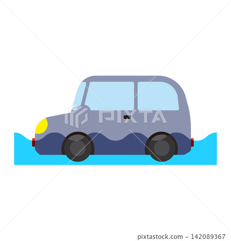 一輛灰色轎車沉入水中的平面插圖。 一輛灰色轎車沉入水中的平面插圖。 142089367