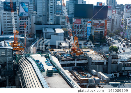 Tokyo redevelopment: An aerial view of the east exit of Shibuya Station, where construction continues. 2026.07 a-5 Cool Color Tokyo redevelopment: An aerial view of the east exit of Shibuya Station, where construction continues. 2026.07 a-5 Cool Color 142089399