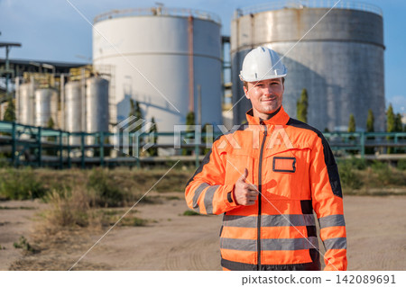 Construction worker giving a thumbs up at an industrial site outdoors. Construction worker giving a thumbs up at an industrial site outdoors. 142089691