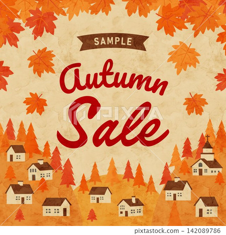 Autumn sale banner illustration background featuring watercolor-style autumn leaves and a village landscape. Autumn sale banner illustration background featuring watercolor-style autumn leaves and a village landscape. 142089786