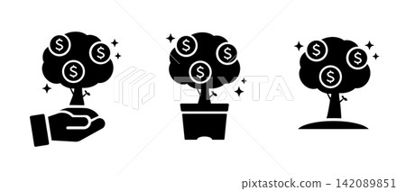 A set of silhouette icons representing asset management using a dollar money tree. A set of silhouette icons representing asset management using a dollar money tree. 142089851