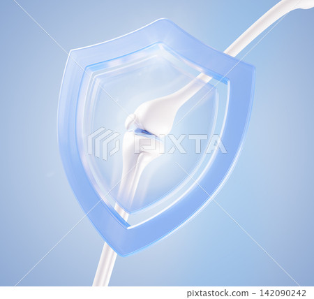 3d anatomical knee joint protect transparent blue glass shield icon for pharmacy vitamin packaging design. Bone health and care, medical support, cartilage protection, active wellness. 3D illustration 3d anatomical knee joint protect transparent blue glass shield icon for pharmacy vitamin packaging design. Bone health and care, medical support, cartilage protection, active wellness. 3D illustration 142090242