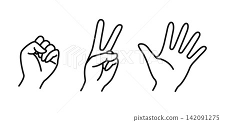 Illustrations of the left hand for rock, paper, or scissors in rock-paper-scissors. Illustrations of the left hand for rock, paper, or scissors in rock-paper-scissors. 142091275