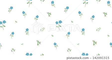 Seamless floral pattern with miniature blue flowers and leaves, small blossom on white background, vector repeating backdrop Seamless floral pattern with miniature blue flowers and leaves, small blossom on white background, vector repeating backdrop 142091315