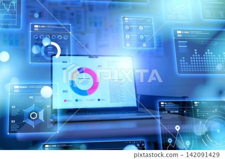 This is a scene from a conference room where graphs are displayed and analyzed on a laptop. This is a scene from a conference room where graphs are displayed and analyzed on a laptop. 142091429