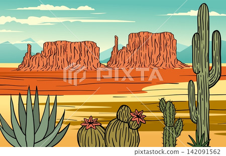 Desert canyon landscape. Stylized sandstone, cactus plants and succulent, clear horizon sky, western nature, travel scenery and outdoor environment. Vector cartoon flat style isolated illustration Desert canyon landscape. Stylized sandstone, cactus plants and succulent, clear horizon sky, western nature, travel scenery and outdoor environment. Vector cartoon flat style isolated illustration 142091562