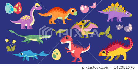 Dinosaur character. Cute kids dino, childish monster. Prehistoric reptile. Funny ancient animal. Childrens playful mascot. Baby creature. Tyrannosaurus vector cartoon flat style isolated illustration Dinosaur character. Cute kids dino, childish monster. Prehistoric reptile. Funny ancient animal. Childrens playful mascot. Baby creature. Tyrannosaurus vector cartoon flat style isolated illustration 142091576