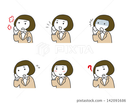 Woman in a suit making a phone call (round face) set Woman in a suit making a phone call (round face) set 142091686