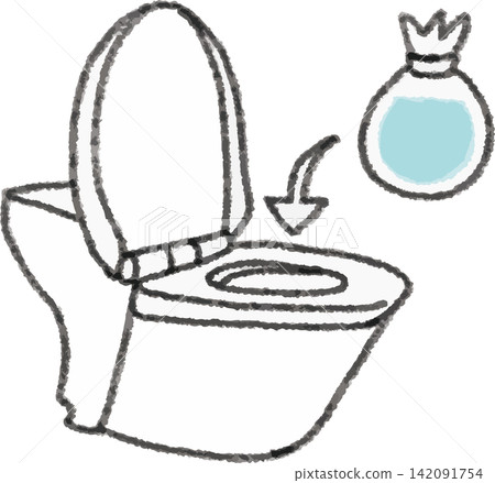 A simple illustration of placing a water bag in a toilet as a flood prevention measure (backflow prevention, disaster preparedness, 2 colors). A simple illustration of placing a water bag in a toilet as a flood prevention measure (backflow prevention, disaster preparedness, 2 colors). 142091754