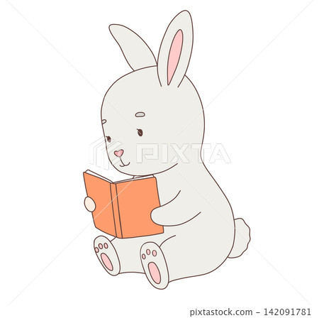 Cute cartoon bunny sitting and reading book. Woodland animal character. Kids vector illustration isolated on white background Cute cartoon bunny sitting and reading book. Woodland animal character. Kids vector illustration isolated on white background 142091781