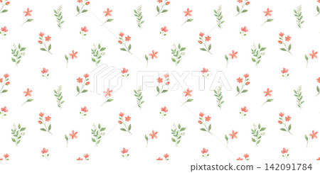 Seamless pattern with tiny red flowers and leaves on white background. Watercolour ditsy print for textiles, wallpaper, and fabric blossom design Seamless pattern with tiny red flowers and leaves on white background. Watercolour ditsy print for textiles, wallpaper, and fabric blossom design 142091784