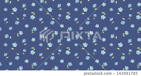Seamless pattern with tiny flowers and leaves on dark blue background. Watercolour ditsy endless print for textiles, wallpaper, and fabric blossom design Seamless pattern with tiny flowers and leaves on dark blue background. Watercolour ditsy endless print for textiles, wallpaper, and fabric blossom design 142091785