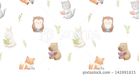 Seamless pattern with cute animals with books. Childish cartoon reading characters, set for kids. Watercolour isolated illustrations on white background Seamless pattern with cute animals with books. Childish cartoon reading characters, set for kids. Watercolour isolated illustrations on white background 142091815