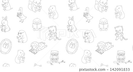 Seamless pattern with cute outline animals with books. Childish cartoon reading characters, line drawings set for kids. Vector isolated monochrome illustrations on white background Seamless pattern with cute outline animals with books. Childish cartoon reading characters, line drawings set for kids. Vector isolated monochrome illustrations on white background 142091833