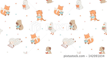 Seamless pattern with cute animals with books. Childish cartoon reading characters, set for kids. Vector isolated illustrations on white background Seamless pattern with cute animals with books. Childish cartoon reading characters, set for kids. Vector isolated illustrations on white background 142091834