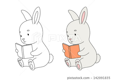 Cute bunny animal reading book, cartoon character rabbit for kids. Vector isolated outline illustration for colouring page Cute bunny animal reading book, cartoon character rabbit for kids. Vector isolated outline illustration for colouring page 142091835