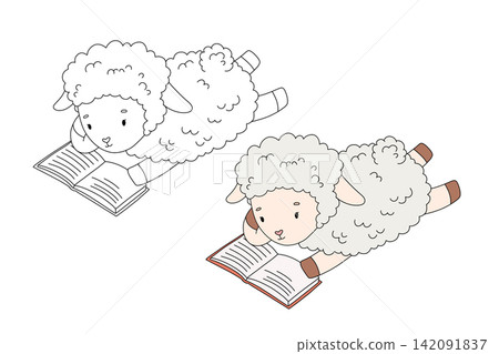 Cute sheep farm animal reading book, cartoon character for kids. Vector isolated outline illustration for colouring page Cute sheep farm animal reading book, cartoon character for kids. Vector isolated outline illustration for colouring page 142091837