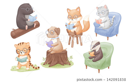 Cute animals with glasses is sitting and reading book on chair, grass, armchair and tree stump. Watercolour illustration isolated on white background Cute animals with glasses is sitting and reading book on chair, grass, armchair and tree stump. Watercolour illustration isolated on white background 142091838