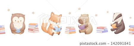 Seamless border with cute animals, watercolour illustrations for baby design, books stack, reading badger and capybara. Hand drawn childish illustrations on isolated background 142091841