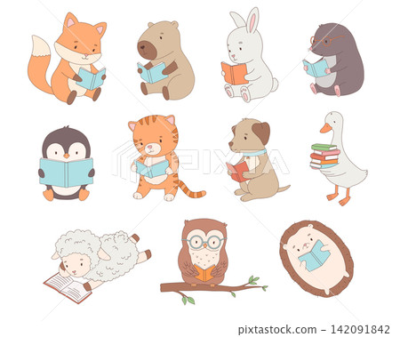 Cute animals reading book, cartoon character for kids. Vector isolated illustration isolated on white background. Fox, capybara and owl on tree branch 142091842