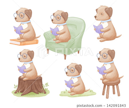Cute dog with glasses is sitting and reading book on chair, grass, armchair and tree stump. Watercolor illustration isolated on white background 142091843