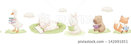 Seamless border with cute animals, watercolour illustrations for baby design, sheep, goose and capybara reading book on nature. Hand drawn childish illustrations on isolated background 142091851