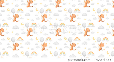 Seamless cute pattern with african happy cartoon tiger with balloon in sky, repeating cute childish watercolour print Seamless cute pattern with african happy cartoon tiger with balloon in sky, repeating cute childish watercolour print 142091853