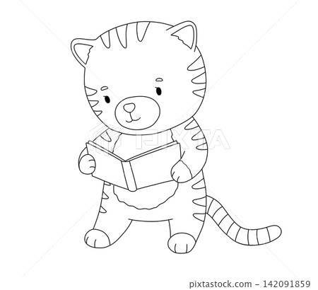 Tiger with book for coloring page. Childish cute cartoon jungle animal line drawing for kids. Vector isolated monochrome illustration on white background Tiger with book for coloring page. Childish cute cartoon jungle animal line drawing for kids. Vector isolated monochrome illustration on white background 142091859