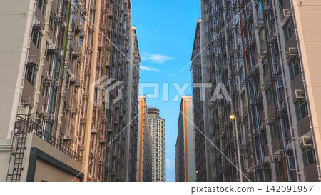 Aug 16 2026 Hong Kong High Density Public Housing Blocks Symmetrical Low Angle 142091957