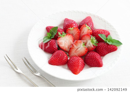 Strawberry dessert on a white plate with mint leaves Strawberry dessert on a white plate with mint leaves 142092149
