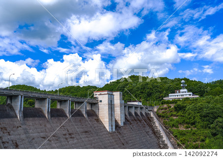 Summer clouds floating above the dam; Nunome Dam; 35mm; blank copy space at the top; horizontal composition, dam slightly to the left; suitable for B0 poster. Summer clouds floating above the dam; Nunome Dam; 35mm; blank copy space at the top; horizontal composition, dam slightly to the left; suitable for B0 poster. 142092274