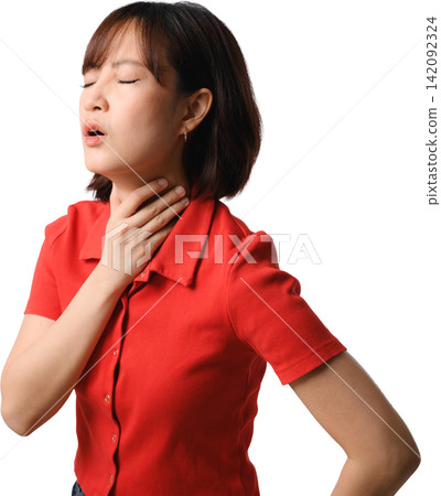 Young asian woman feeling sick touching throat with painful expression suffering severe sore neck symptom isolated transparency background Young asian woman feeling sick touching throat with painful expression suffering severe sore neck symptom isolated transparency background 142092324