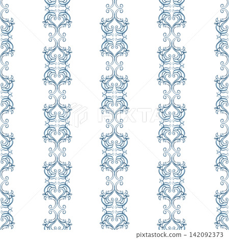 A seamless pattern with a decorative blue ornament in the Baroque style. Hand drawn watercolor illustration. Perfect for textiles, tablecloths and curtains, for prints, backgrounds, wallpaper and more A seamless pattern with a decorative blue ornament in the Baroque style. Hand drawn watercolor illustration. Perfect for textiles, tablecloths and curtains, for prints, backgrounds, wallpaper and more 142092373