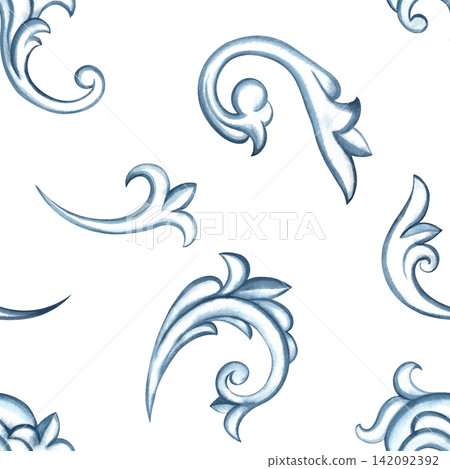 A seamless pattern with a decorative blue ornament in the Baroque style. Hand drawn watercolor illustration. Perfect for textiles, tablecloths and curtains, for prints, backgrounds, wallpaper and more A seamless pattern with a decorative blue ornament in the Baroque style. Hand drawn watercolor illustration. Perfect for textiles, tablecloths and curtains, for prints, backgrounds, wallpaper and more 142092392