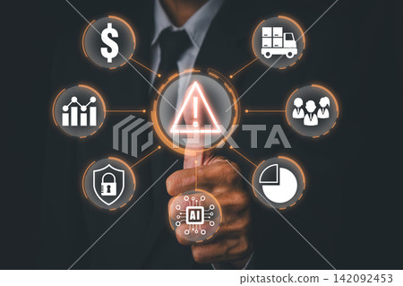 AI business risk prediction concept with predictive analytics, risk assessment, finance, market analysis and intelligent data driven decision making. AI business risk prediction concept with predictive analytics, risk assessment, finance, market analysis and intelligent data driven decision making. 142092453