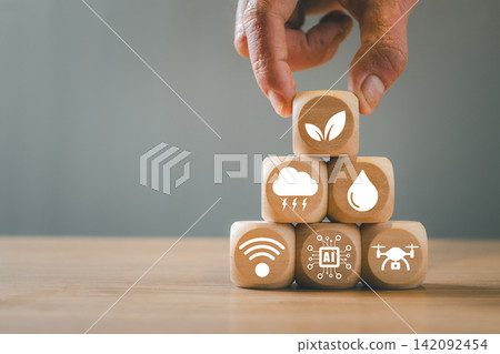 Smart agriculture monitoring concept using artificial intelligence, sensors, drones and data analytics to track crop health, soil moisture and modern farm operations. Smart agriculture monitoring concept using artificial intelligence, sensors, drones and data analytics to track crop health, soil moisture and modern farm operations. 142092454