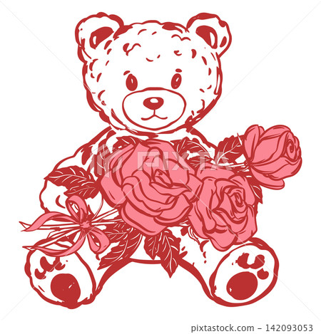 Vector teddy bear with a a bouquet of pink roses. Soft plush toy in a simple line style. Concept for a birthday or Valentine's Day gift. Linear illustration in a Coquette style. Retro ink sketch. 142093053