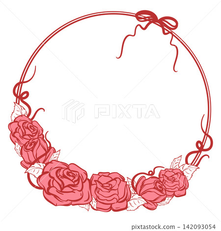 Vector wreath of pink roses. Round frame of stylized flowers and ribbons. Quick ink sketch. Wedding template. Coquette style. Vector wreath of pink roses. Round frame of stylized flowers and ribbons. Quick ink sketch. Wedding template. Coquette style. 142093054
